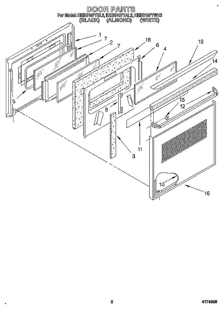 DOOR Diagram and Parts List for KEBS107YBL3  KitchenAid Wall Oven