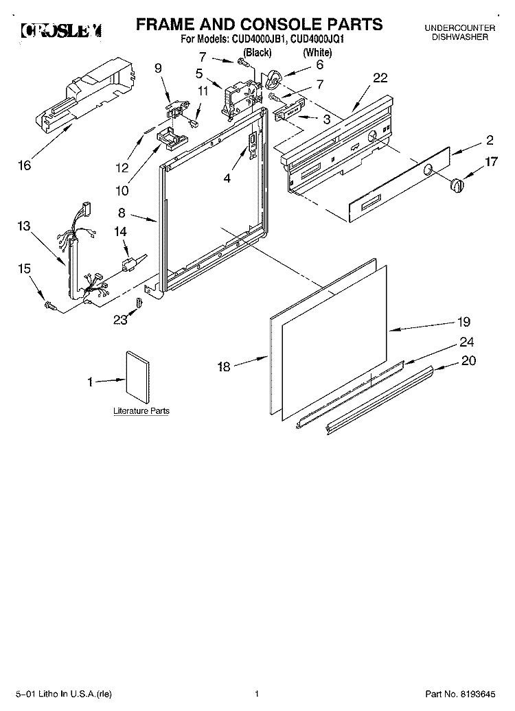 FRAME AND CONSOLE, LITERATURE Diagram and Parts List for CUD4000JB1  Crosley Dishwasher