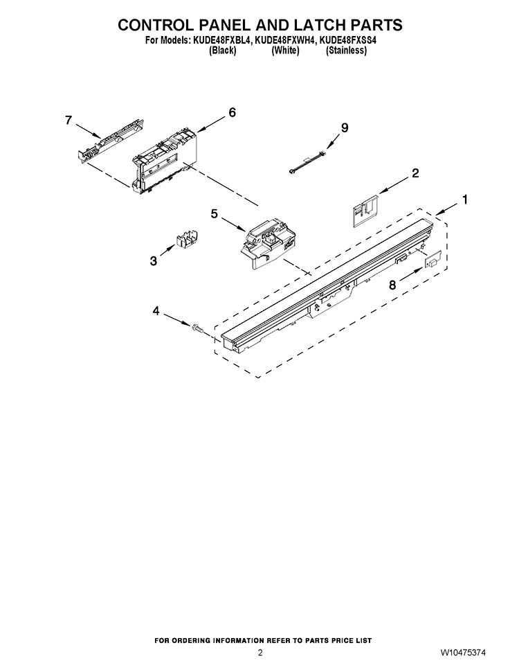 CONTROL PANEL AND LATCH PARTS Diagram and Parts List for KUDE48FXBL4  KitchenAid Dishwasher