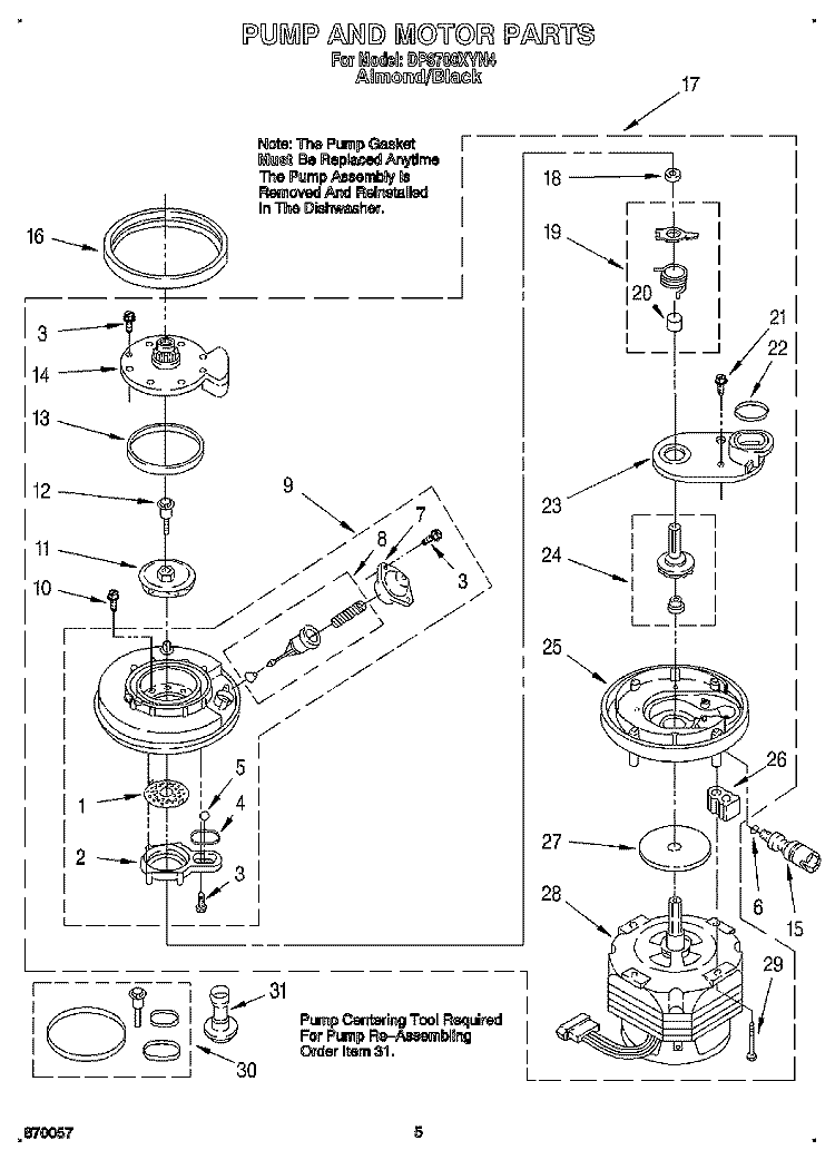 PUMP AND MOTOR Diagram and Parts List for DP8700XYN4  Whirlpool Dishwasher