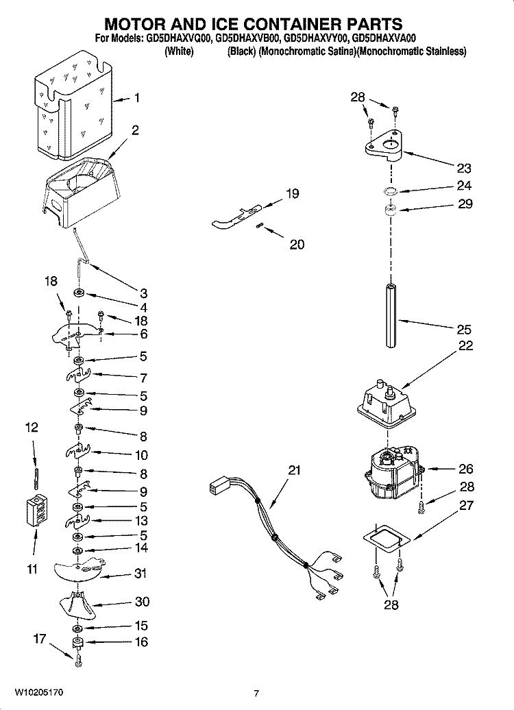 MOTOR AND ICE CONTAINER PARTS Diagram and Parts List for GD5DHAXVY00  Whirlpool Refrigerator