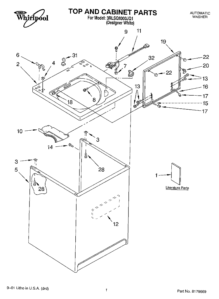 TOP AND CABINET, LITERATURE Diagram and Parts List for 3RLSQ8000JQ1  Whirlpool Washer