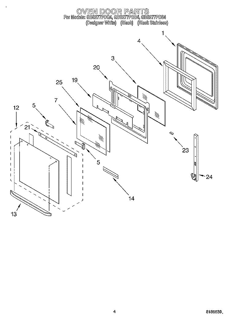 OVEN DOOR Diagram and Parts List for GBS277PDQ4  Whirlpool Wall Oven