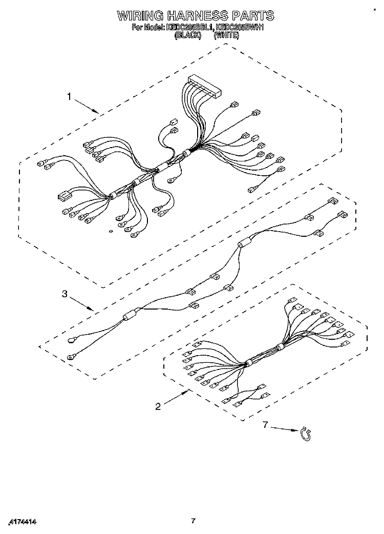 WIRING HARNESS Diagram and Parts List for KEDC205BWH1  KitchenAid Range