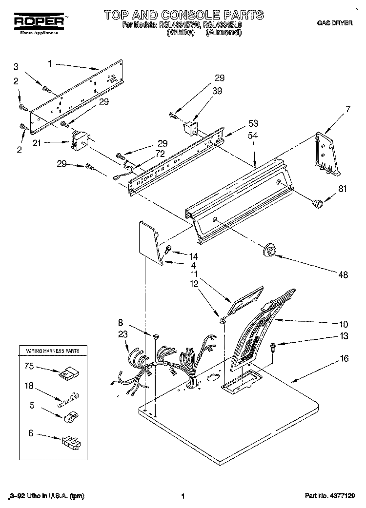 TOP AND CONSOLE, LIT/OPTIONAL Diagram and Parts List for RGL4634BL0  Roper Dryer