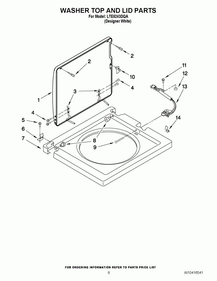 WASHER TOP AND LID PARTS Diagram and Parts List for LTE5243DQA  Whirlpool Washer Dryer Combo