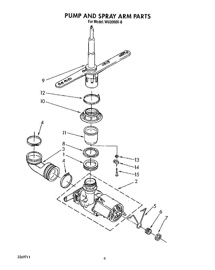 PUMP AND SPRAY ARM Diagram and Parts List for WU3000X0  Roper Dishwasher