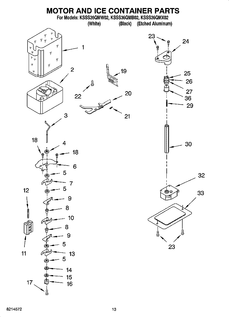 MOTOR AND ICE CONTAINER PARTS Diagram and Parts List for KSSS36QMB02  KitchenAid Refrigerator