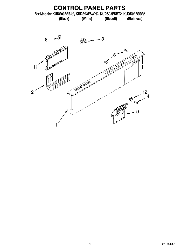 CONTROL PANEL PARTS Diagram and Parts List for KUDS03FSBT2  KitchenAid Dishwasher