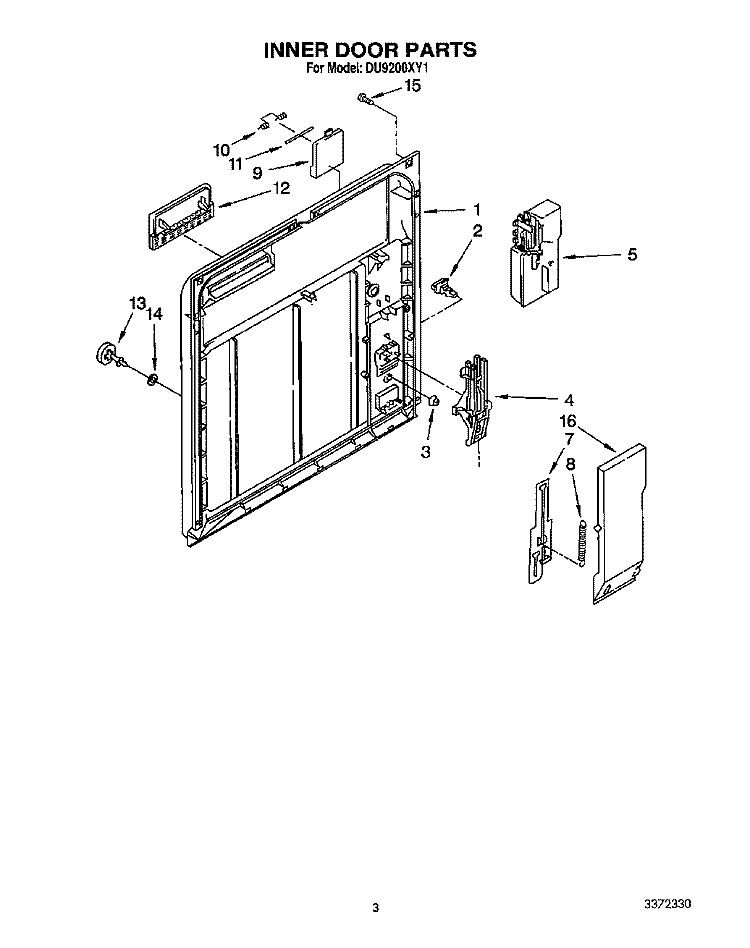 INNER DOOR Diagram and Parts List for DU9200XY1  Whirlpool Dishwasher