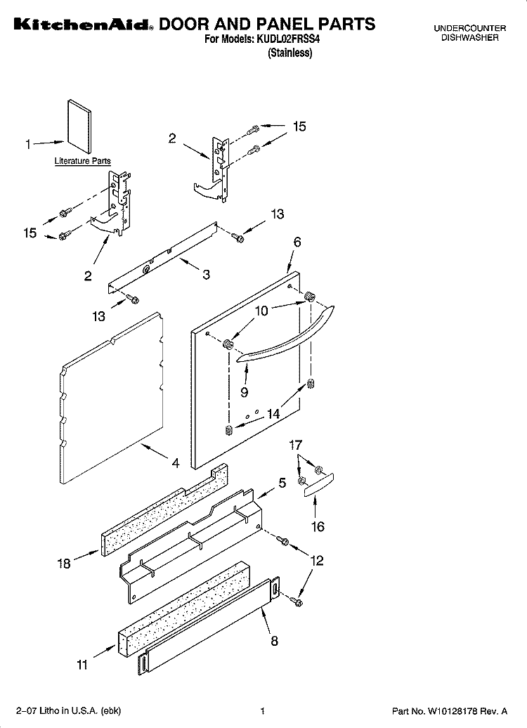 DOOR AND PANEL PARTS Diagram and Parts List for KUDL02FRSS4  KitchenAid Dishwasher