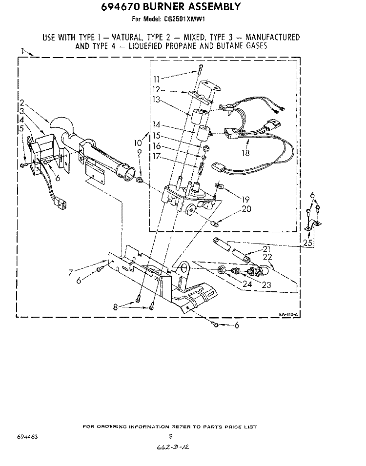 694670 BURNER Diagram and Parts List for GCG2501XMW1  Whirlpool Dryer