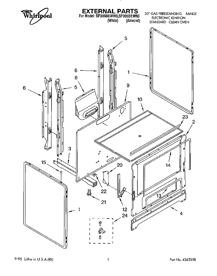 EXTERNAL Diagram and Parts List for SF305BEWW0  Whirlpool Range