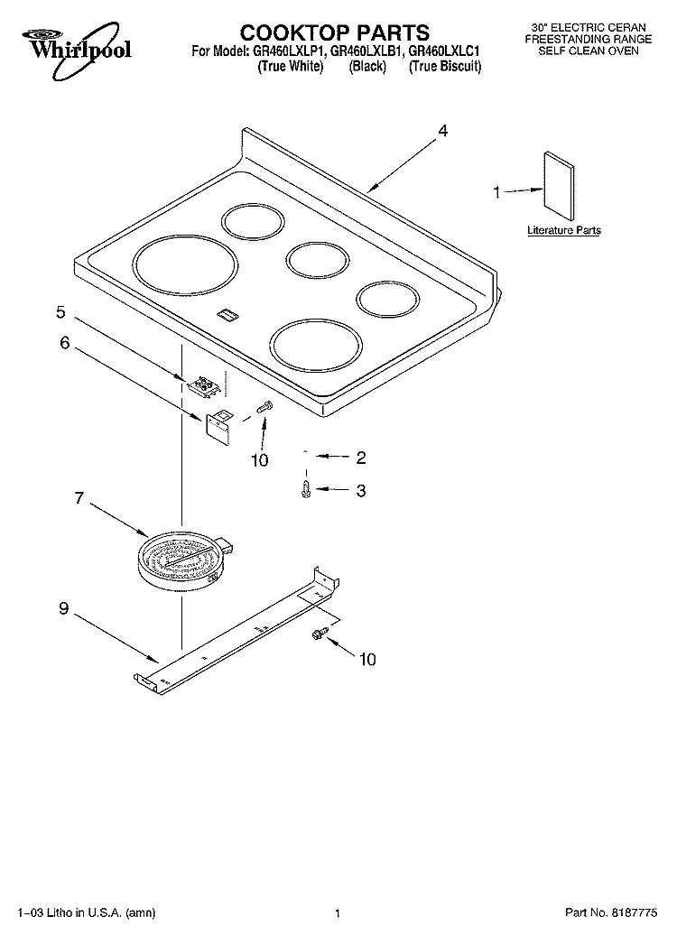 COOKTOP PARTS Diagram and Parts List for GR460LXLP1  Whirlpool Range