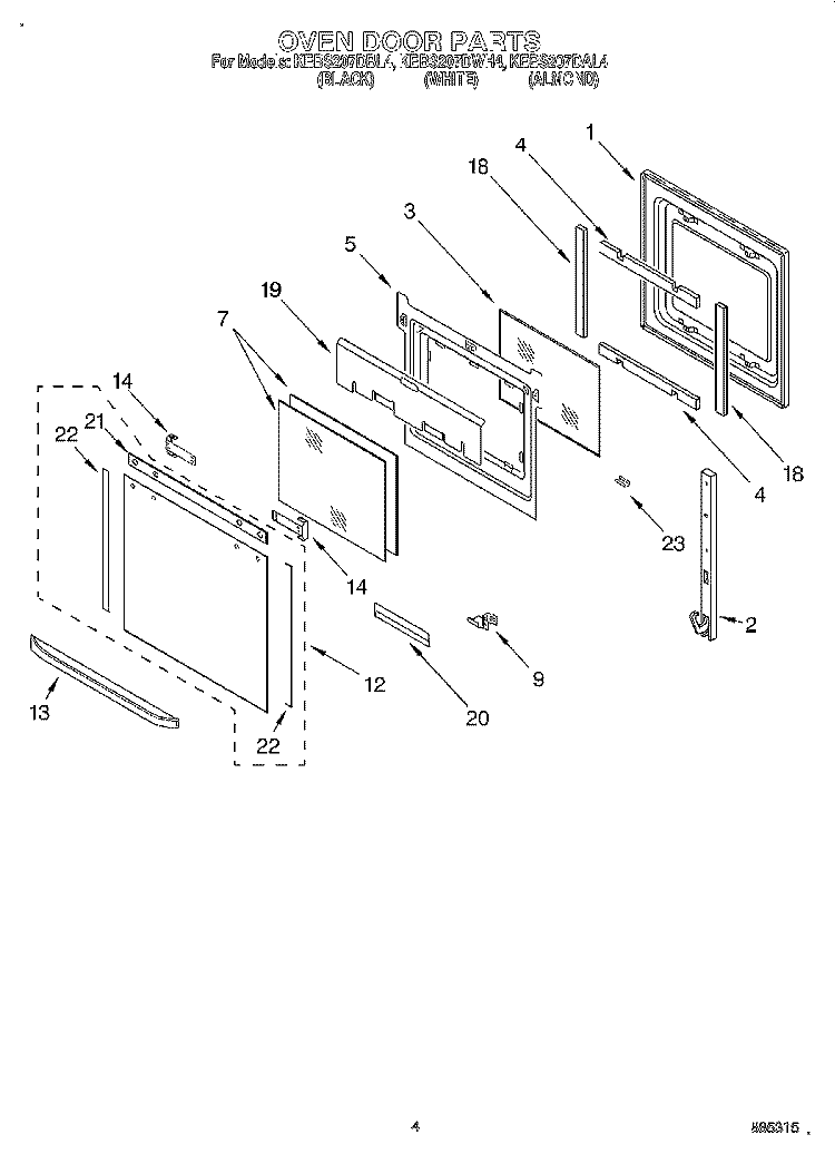 OVEN DOOR Diagram and Parts List for KEBS207DBL4  KitchenAid Wall Oven