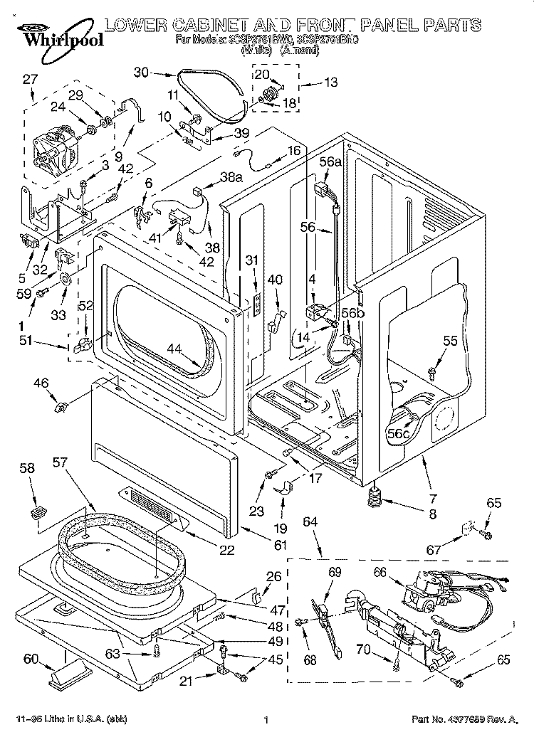LOWER CABINET AND FRONT PANEL Diagram and Parts List for 3CSP2761BW0  Whirlpool Dryer