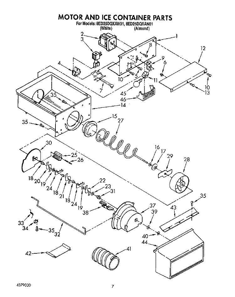 MOTOR & ICE CONTAINER Diagram and Parts List for 8ED25DQXAN01  Whirlpool Refrigerator