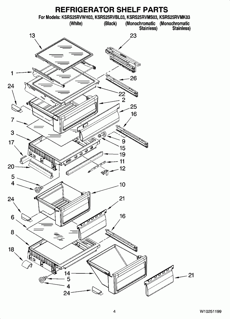 REFRIGERATOR SHELF PARTS Diagram and Parts List for KSRS25RVMK03  KitchenAid Refrigerator