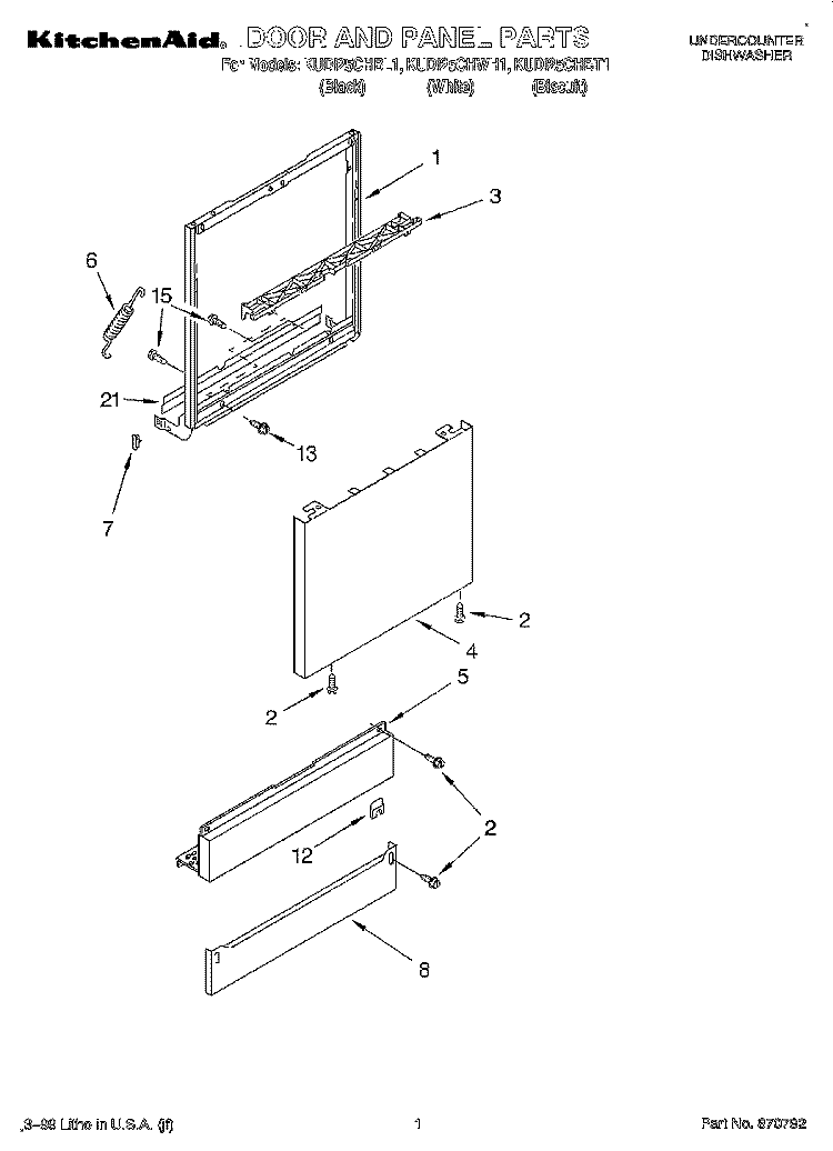 DOOR AND PANEL Diagram and Parts List for KUDI25CHBT1  KitchenAid Dishwasher
