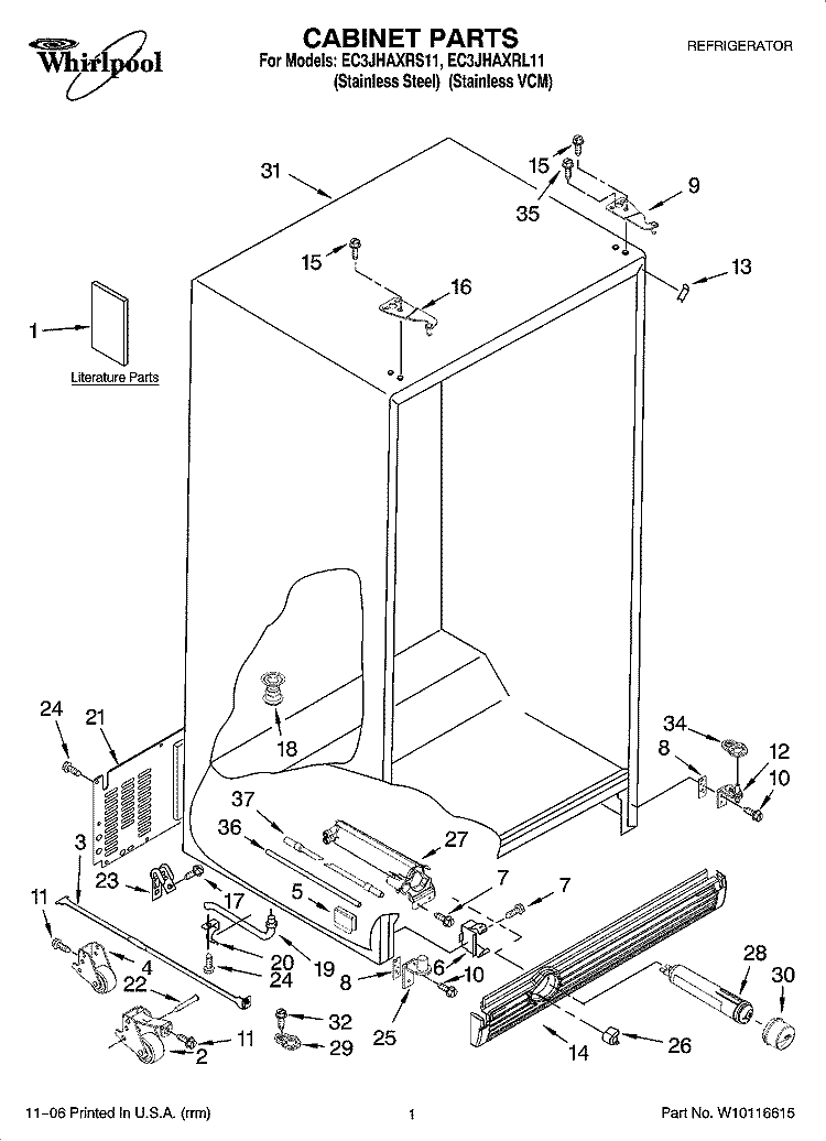 CABINET PARTS Diagram and Parts List for EC3JHAXRL11  Whirlpool Refrigerator