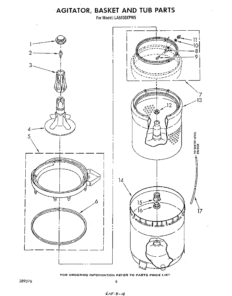 AGITATOR, BASKET, AND TUB Diagram and Parts List for LA5500XPW5  Whirlpool Washer