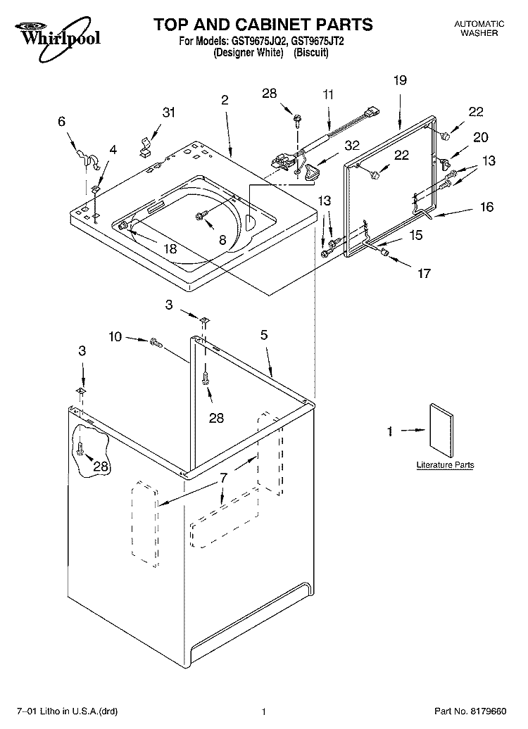 TOP AND CABINET, LITERATURE Diagram and Parts List for GST9675JQ2  Whirlpool Washer