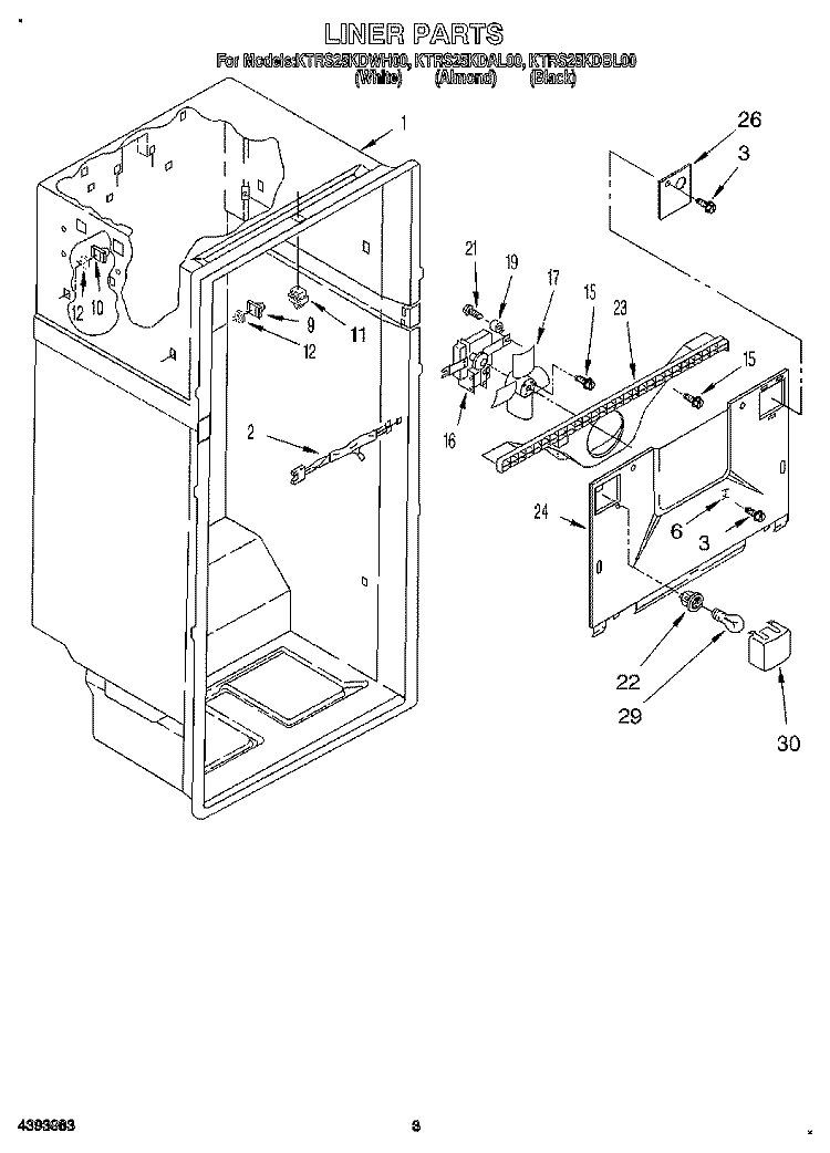LINER Diagram and Parts List for KTRS25KDBL00  KitchenAid Refrigerator