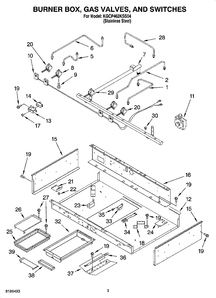 BURNER BOX, GAS VALVES, AND SWITCHES, OPTIONAL PARTS Diagram and Parts List for KGCP462KSS04  KitchenAid Cooktop