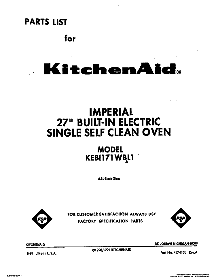 COVER Diagram and Parts List for KEBI171WBL1  KitchenAid Wall Oven
