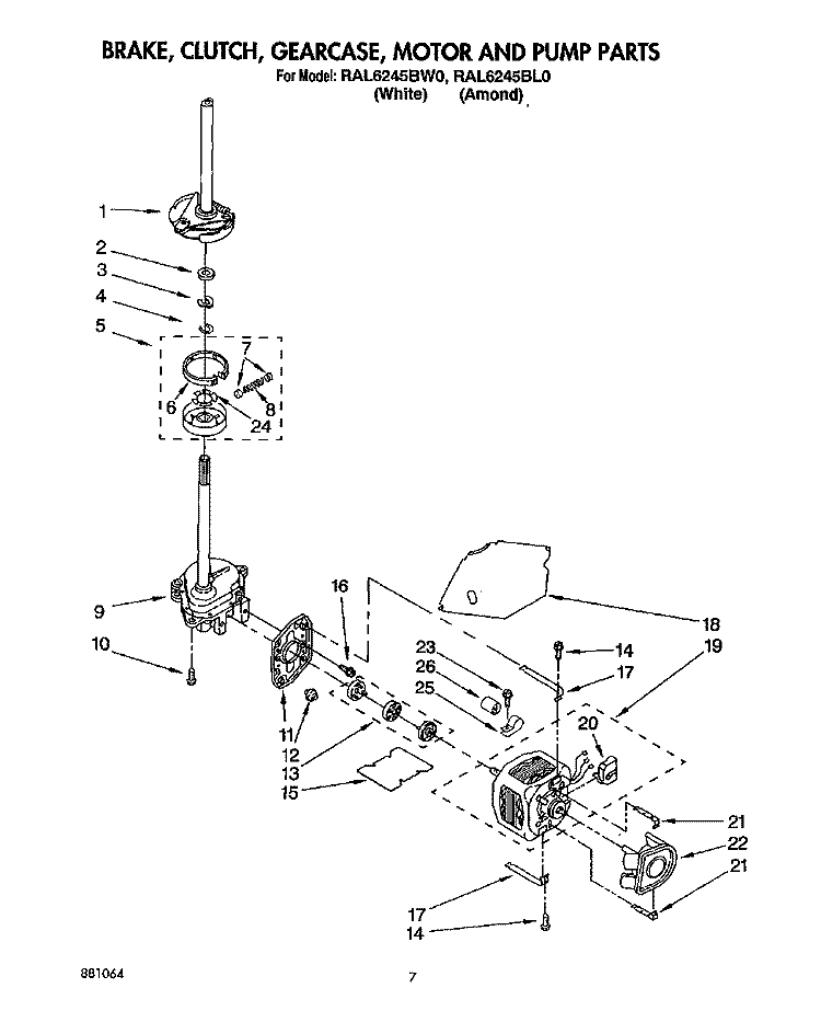 BRAKE, CLUTCH, GEARCASE, MOTOR & PUMP Diagram and Parts List for RAL6245BL0  Whirlpool Washer