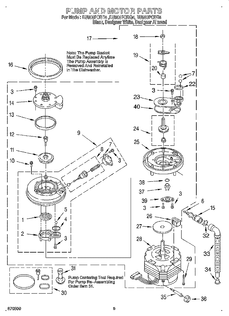 PUMP AND MOTOR Diagram and Parts List for DU900PCDQ4  Whirlpool Dishwasher