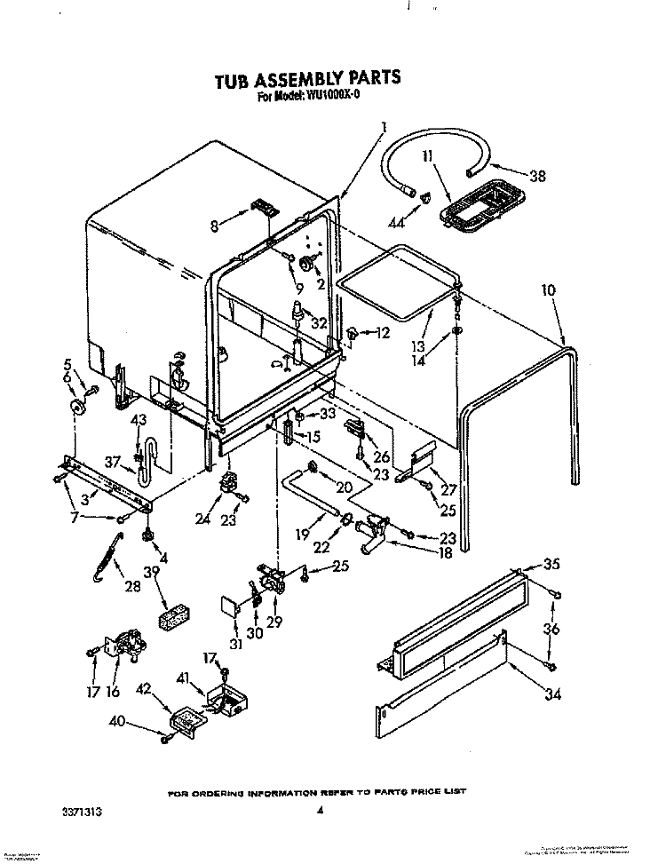 TUB ASSEMBLY Diagram and Parts List for WU1000X0  Roper Dishwasher