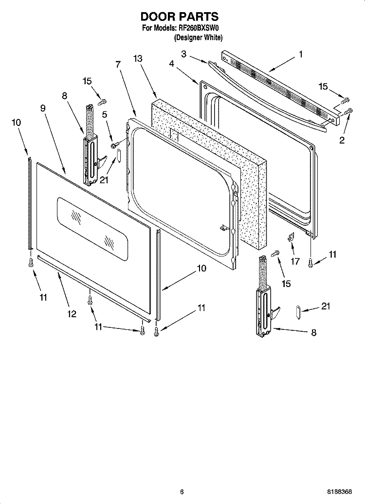 DOOR PARTS, OPTIONAL PARTS (NOT INCLUDED) Diagram and Parts List for RF260BXSW0  Whirlpool Range