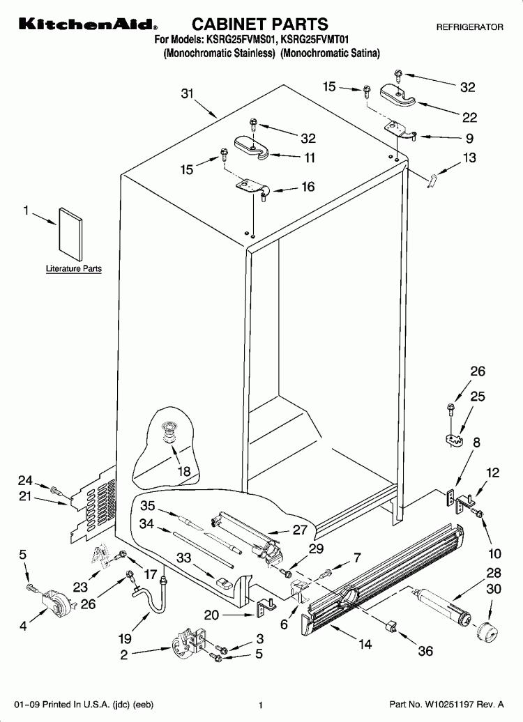 CABINET PARTS Diagram and Parts List for KSRG25FVMS01  KitchenAid Refrigerator