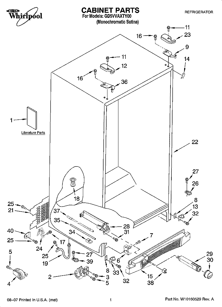 CABINET PARTS Diagram and Parts List for GD5VVAXTY00  Whirlpool Refrigerator