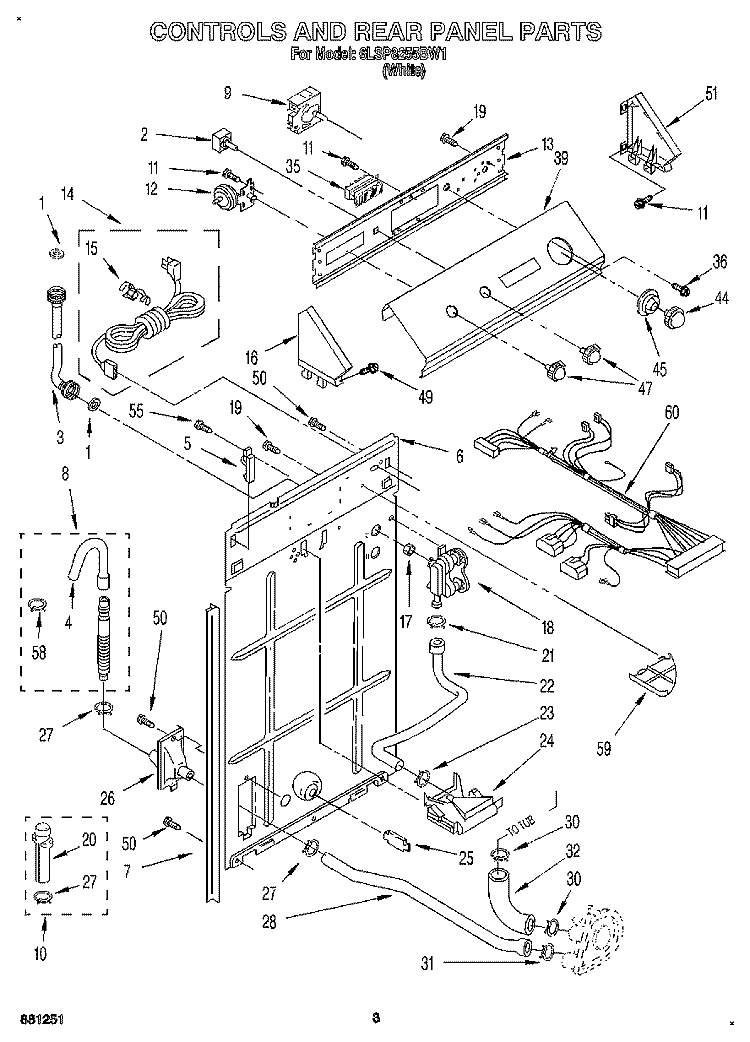 CONTROLS AND REAR PANEL Diagram and Parts List for 6LSP8255BW1  Whirlpool Washer