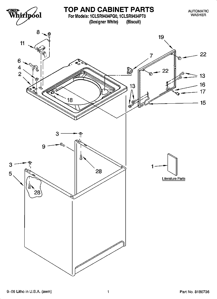 TOP AND CABINET PARTS Diagram and Parts List for 1CLSR9434PT0  Whirlpool Washer