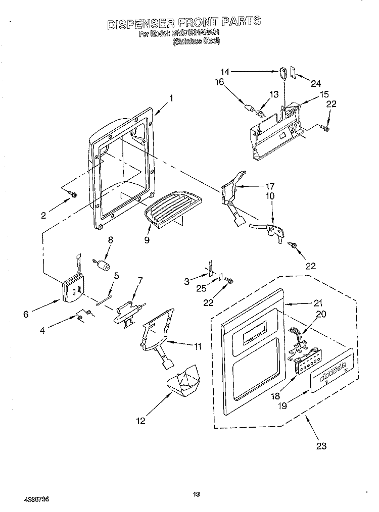 DISPENSER FRONT Diagram and Parts List for BRS70XRANA01  Whirlpool Refrigerator