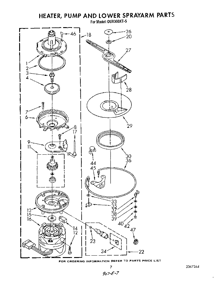 HEATER, PUMP AND LOWER SPRAY ARM Diagram and Parts List for DU8300XT5  Whirlpool Dishwasher