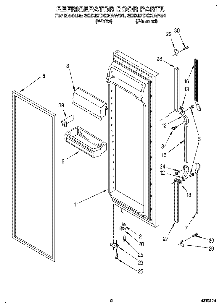 REFRIGERATOR DOOR Diagram and Parts List for 3ED27DQXAW01  Whirlpool Refrigerator