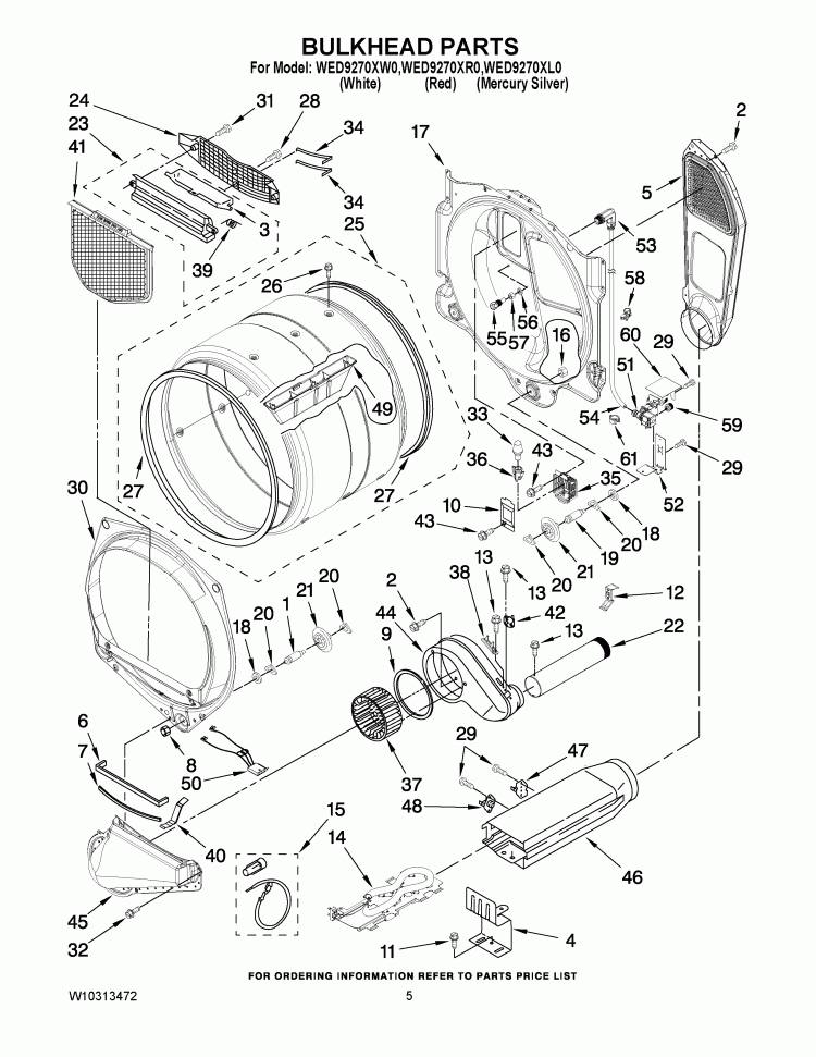 BULKHEAD PARTS Diagram and Parts List for WED9270XR0  Whirlpool Dryer