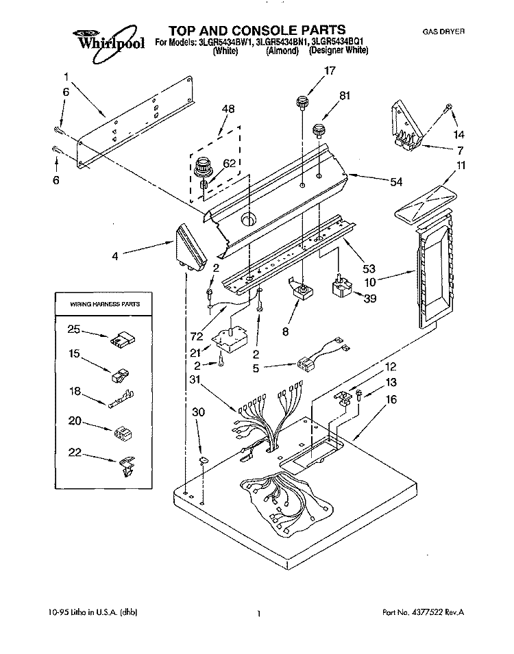 TOP AND CONSOLE, LIT/OPTIONAL Diagram and Parts List for 3LGR5434BW1  Whirlpool Dryer