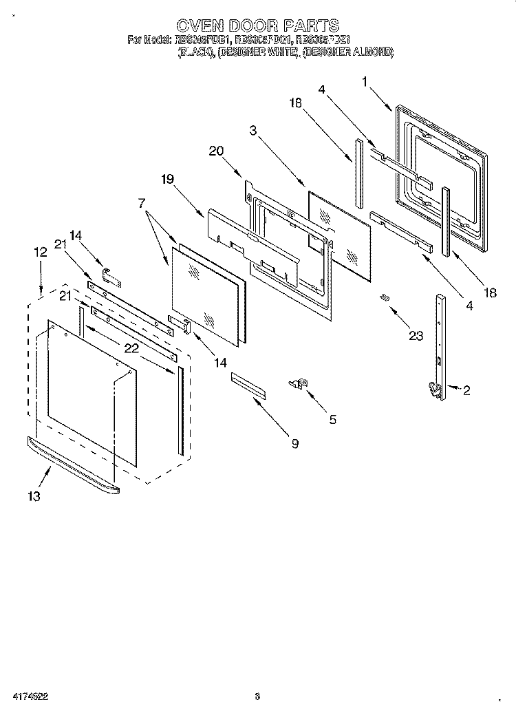 OVEN DOOR Diagram and Parts List for RBS305PDQ1  Whirlpool Wall Oven