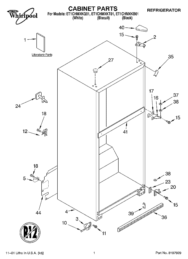 CABINET, LITERATURE Diagram and Parts List for ET1CHMXKT01  Whirlpool Refrigerator