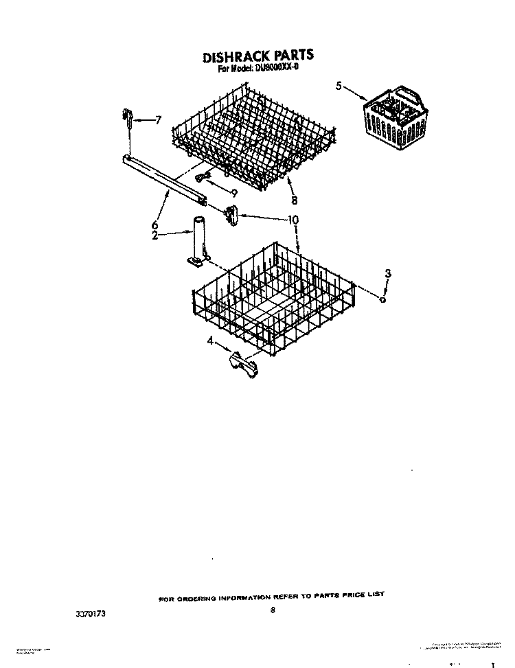 DISHRACK Diagram and Parts List for DU8000XX0  Whirlpool Dishwasher