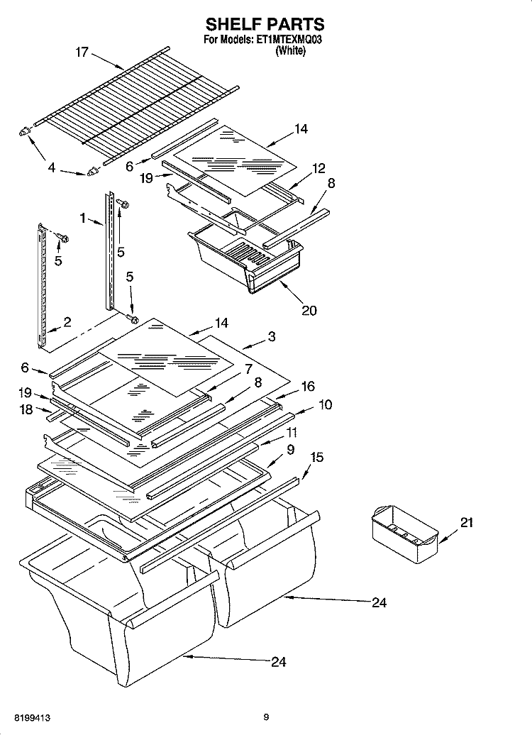 SHELF PARTS, OPTIONAL PARTS Diagram and Parts List for ET1MTEXMQ03  Whirlpool Refrigerator