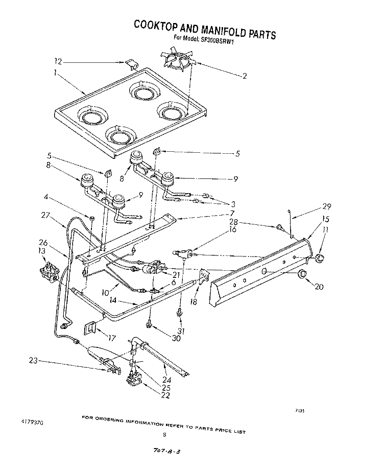 COOKTOP AND MANIFOLD , LITERATURE AND OPTIONAL Diagram and Parts List for SF300BSRW1  Whirlpool Range