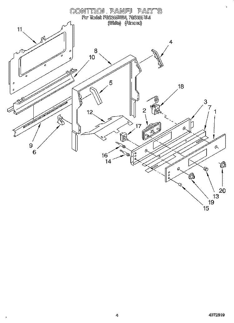 CONTROL PANEL Diagram and Parts List for FGS385BL4  Roper Range