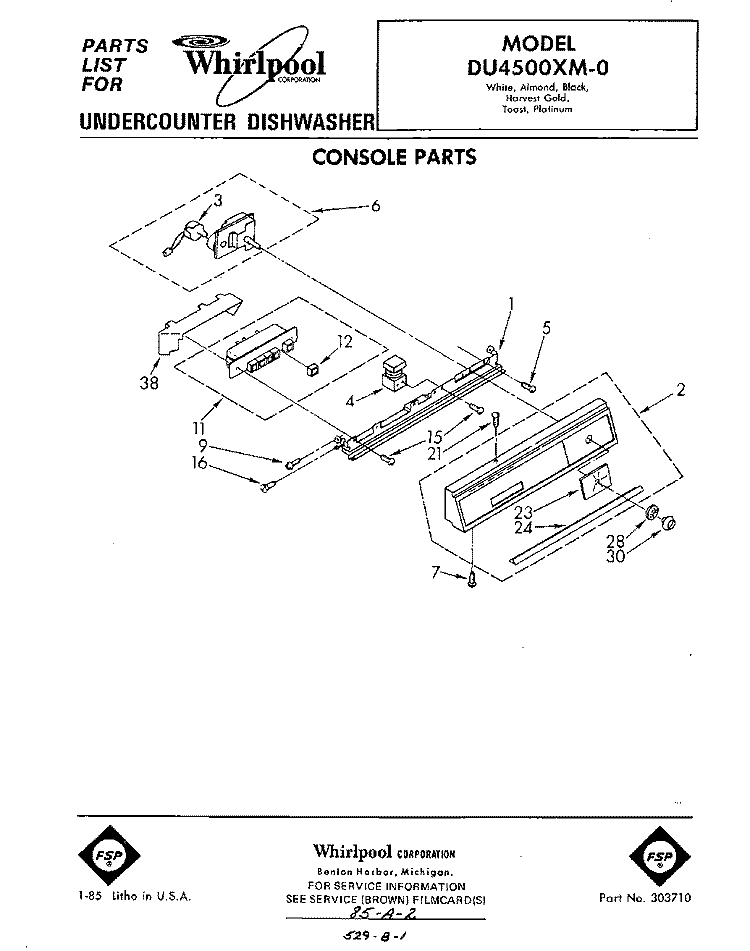 CONSOLE Diagram and Parts List for DU4500XM0  Whirlpool Dishwasher