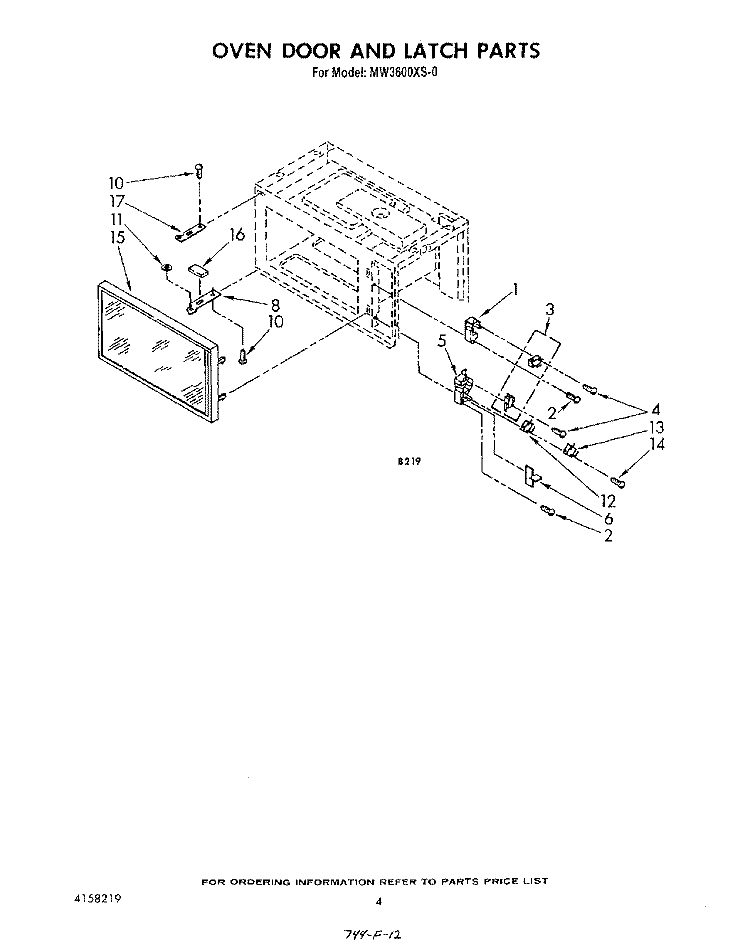 OVEN DOOR AND LATCH Diagram and Parts List for MW3600XS0  Whirlpool Microwave
